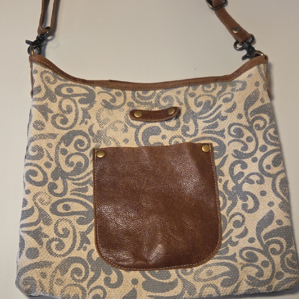Myra Bag Beige Brown Blue Patterned Canvas Shoulder Bag